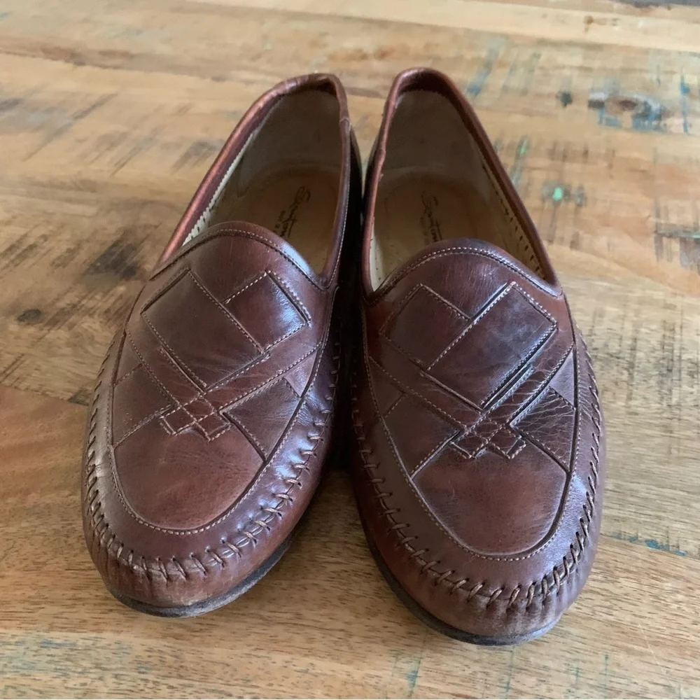 Santoni Mens Leather Interwoven Design almond toe Brown loafers Size 10